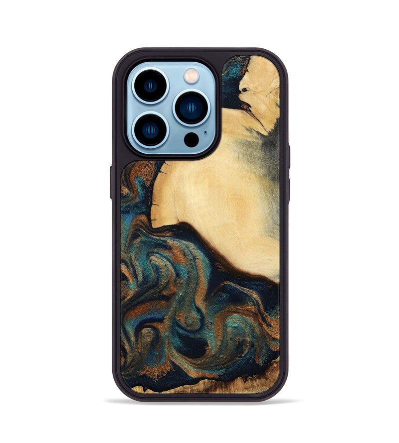 iPhone 14 Pro Wood Phone Case - Verda (Teal & Gold, 800682)