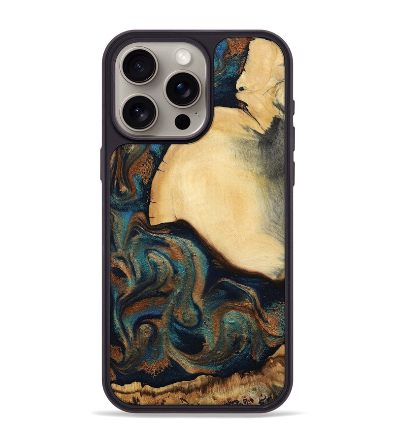 iPhone 15 Pro Max Wood Phone Case - Verda (Teal & Gold, 800682)
