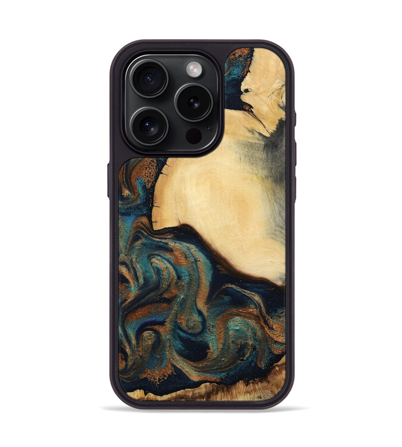 iPhone 15 Pro Wood Phone Case - Verda (Teal & Gold, 800682)