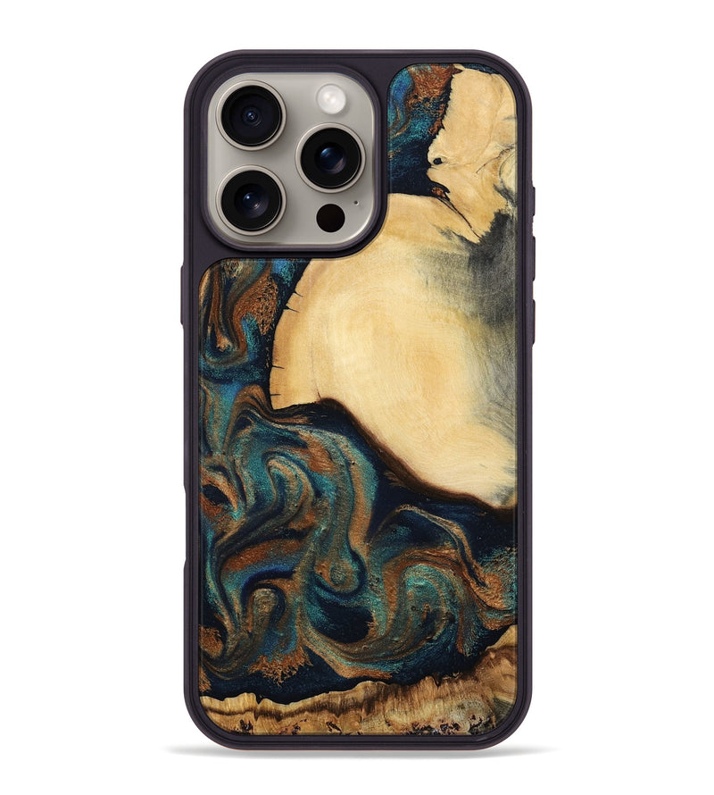 iPhone 16 Pro Max Wood Phone Case - Verda (Teal & Gold, 800682)
