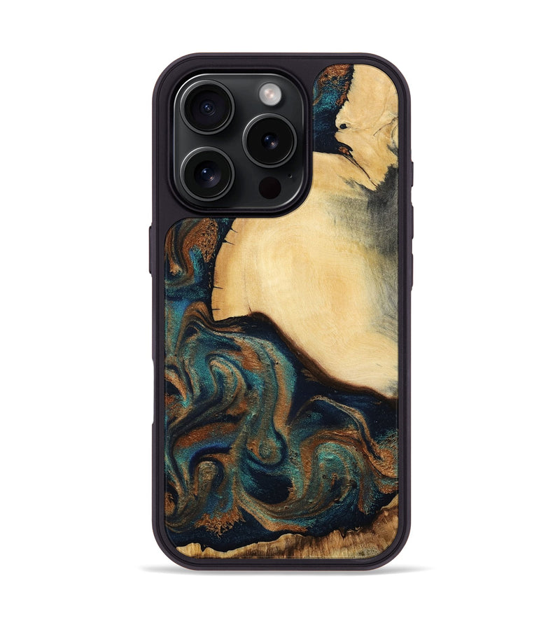 iPhone 16 Pro Wood Phone Case - Verda (Teal & Gold, 800682)