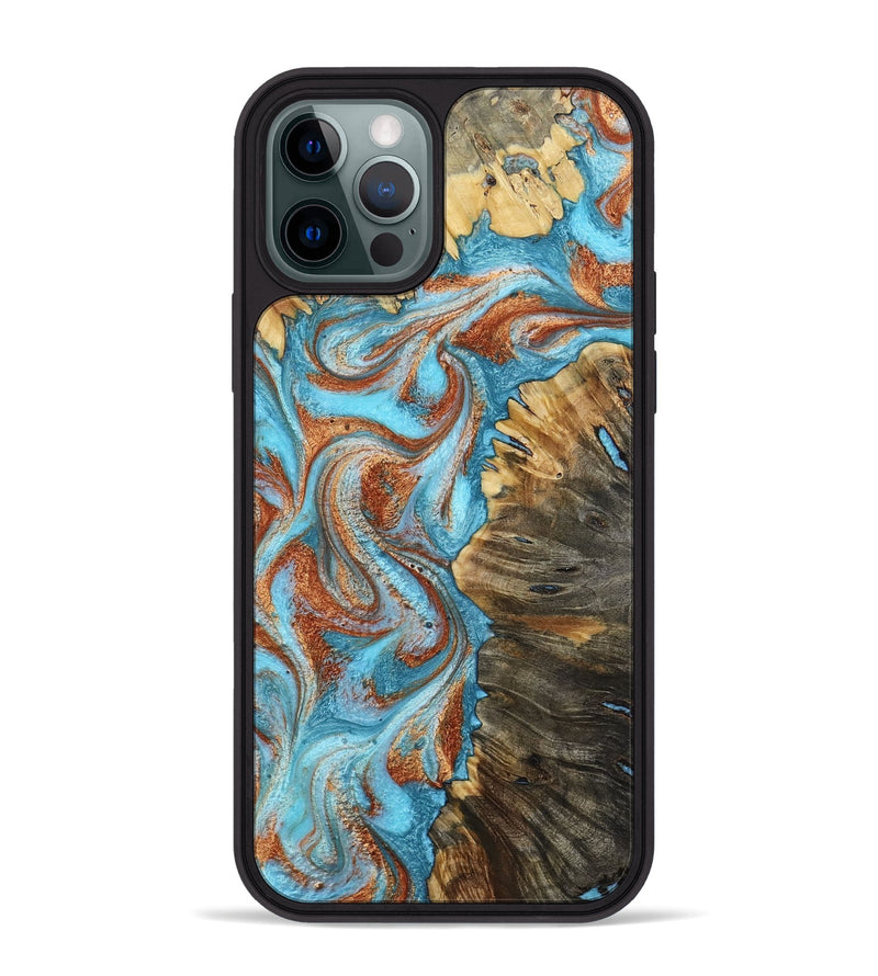 iPhone 12 Pro Max Wood Phone Case - Saniya (Teal & Gold, 800683)