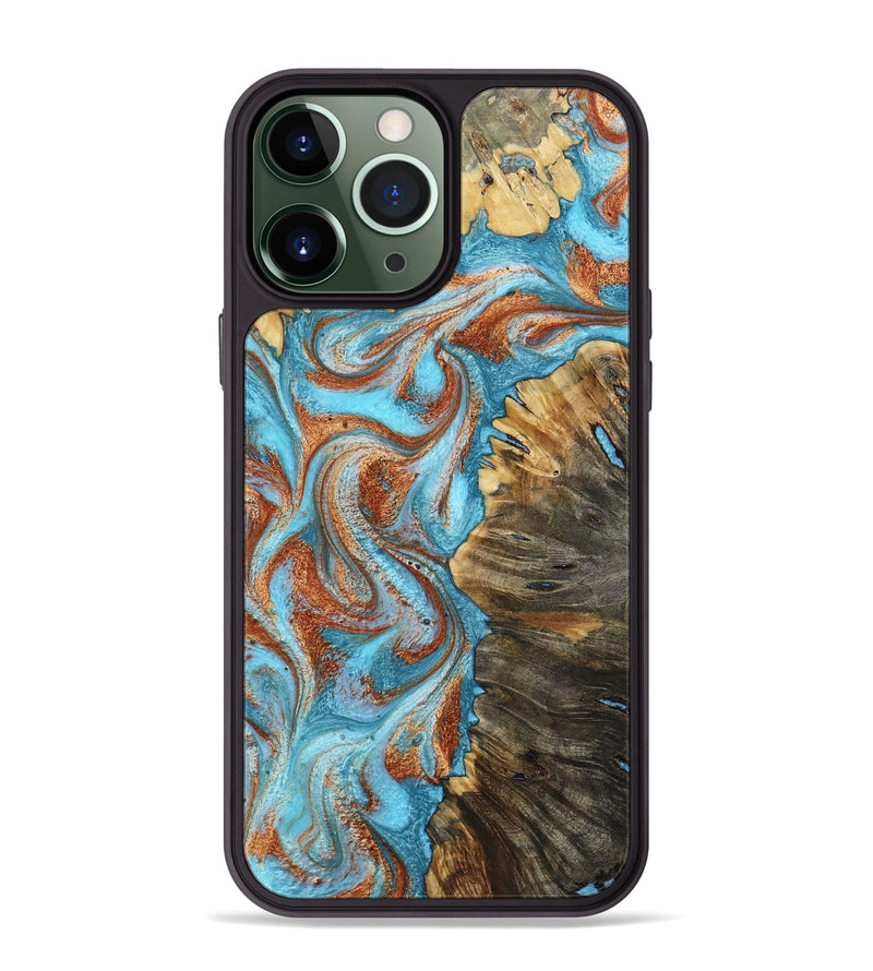 iPhone 13 Pro Max Wood Phone Case - Saniya (Teal & Gold, 800683)