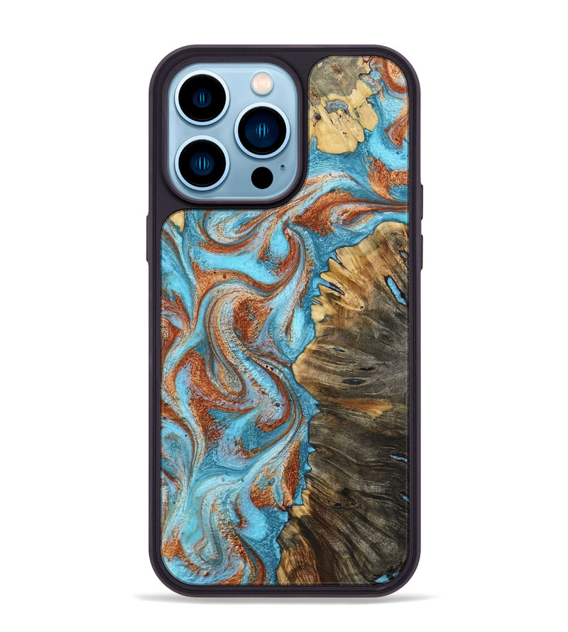 iPhone 14 Pro Max Wood Phone Case - Saniya (Teal & Gold, 800683)