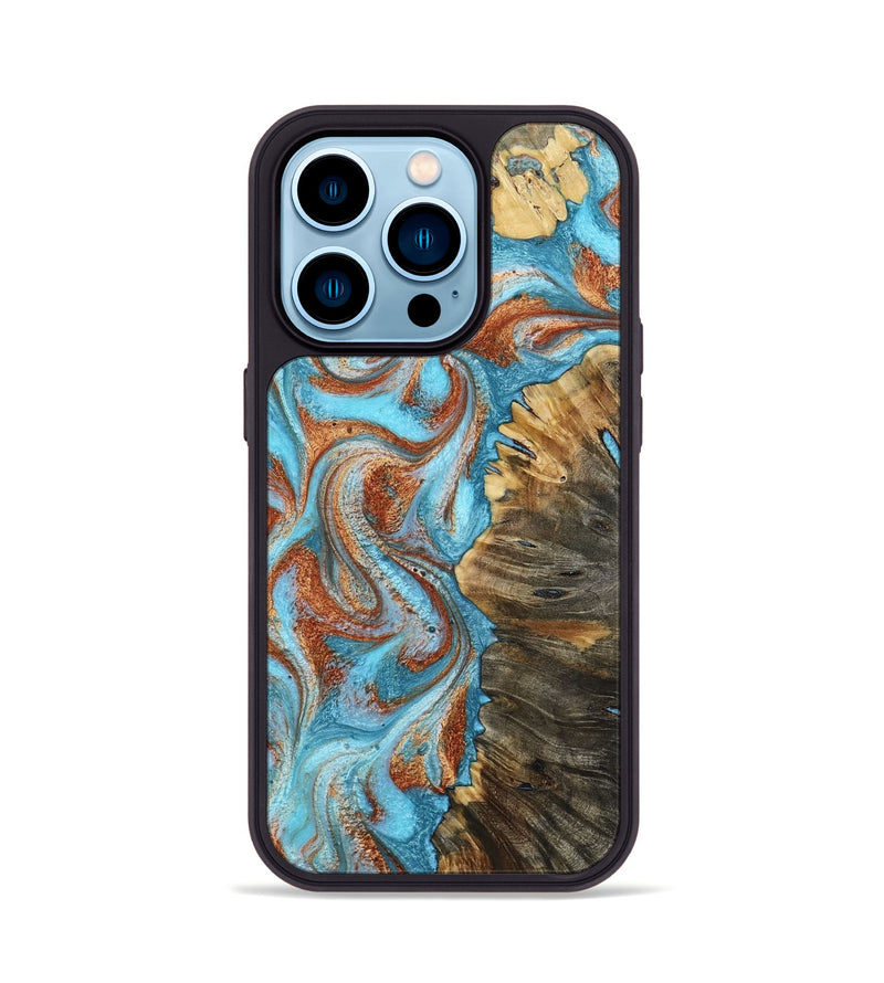 iPhone 14 Pro Wood Phone Case - Saniya (Teal & Gold, 800683)