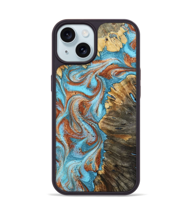 iPhone 15 Wood Phone Case - Saniya (Teal & Gold, 800683)