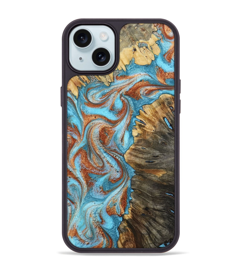 iPhone 15 Plus Wood Phone Case - Saniya (Teal & Gold, 800683)