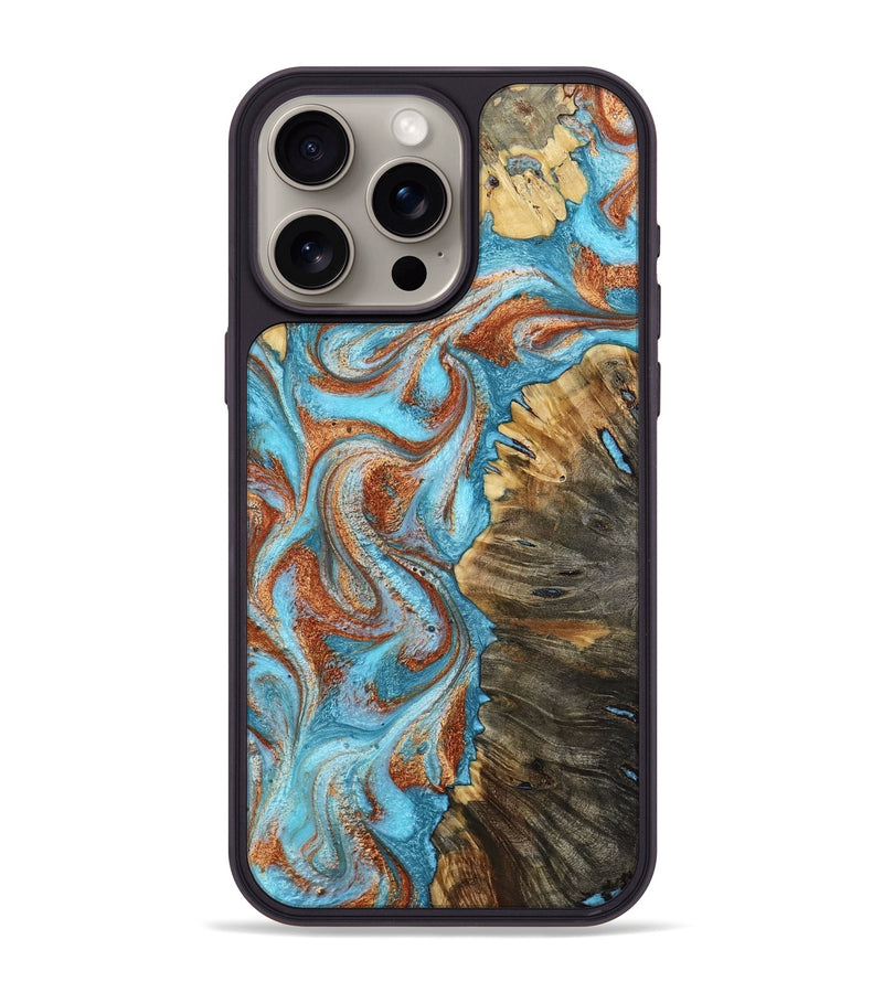 iPhone 15 Pro Max Wood Phone Case - Saniya (Teal & Gold, 800683)