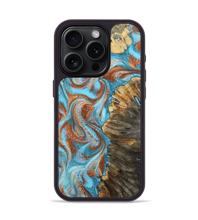 iPhone 15 Pro Wood Phone Case - Saniya (Teal & Gold, 800683)