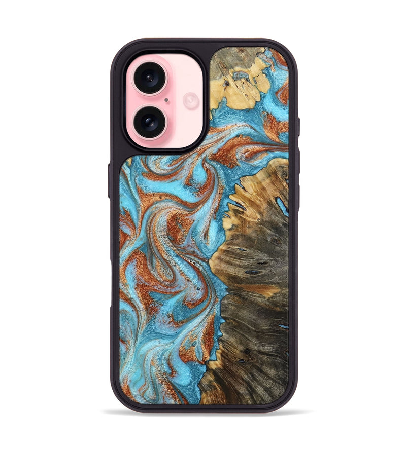 iPhone 16 Wood Phone Case - Saniya (Teal & Gold, 800683)
