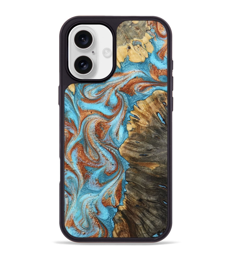 iPhone 16 Plus Wood Phone Case - Saniya (Teal & Gold, 800683)
