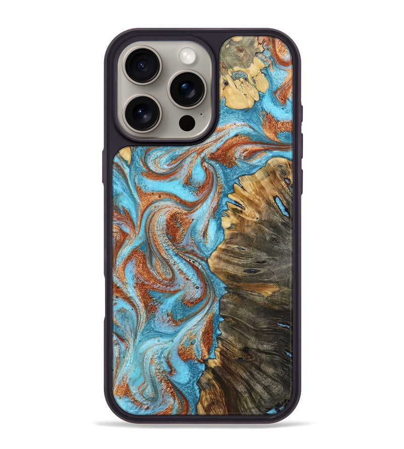 iPhone 16 Pro Max Wood Phone Case - Saniya (Teal & Gold, 800683)