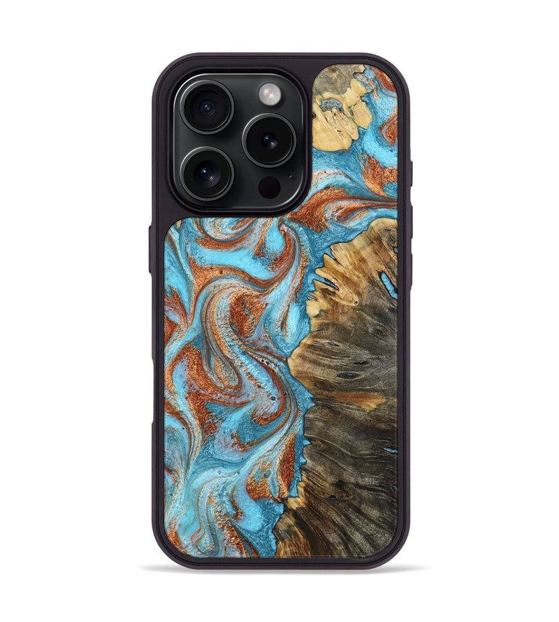 iPhone 16 Pro Wood Phone Case - Saniya (Teal & Gold, 800683)