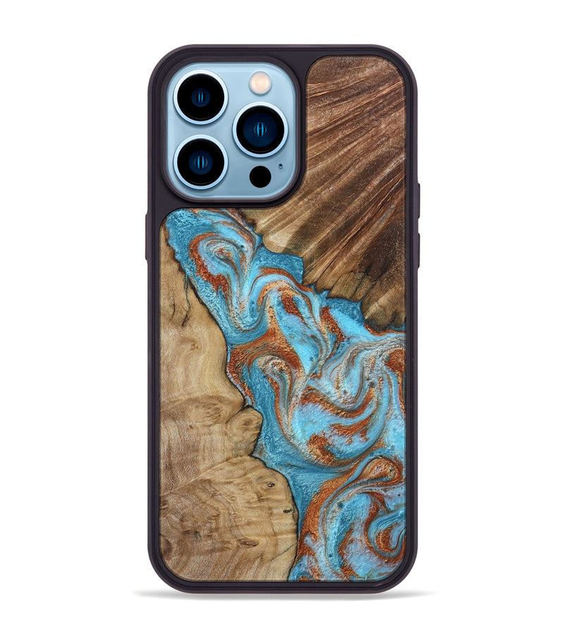 iPhone 14 Pro Max Wood Phone Case - Nori (Teal & Gold, 800686)