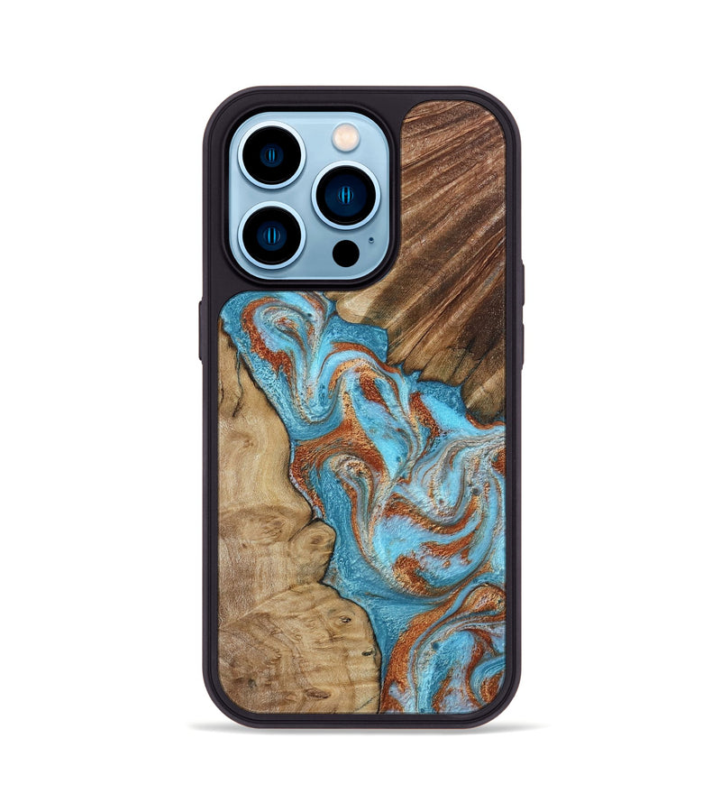 iPhone 14 Pro Wood Phone Case - Nori (Teal & Gold, 800686)