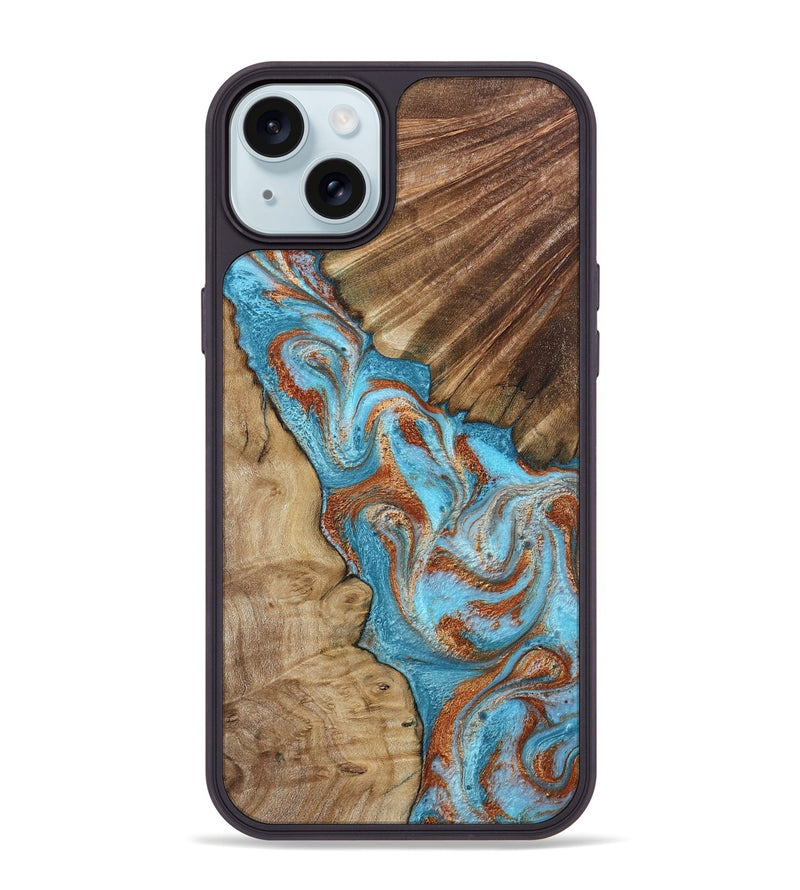 iPhone 15 Plus Wood Phone Case - Nori (Teal & Gold, 800686)