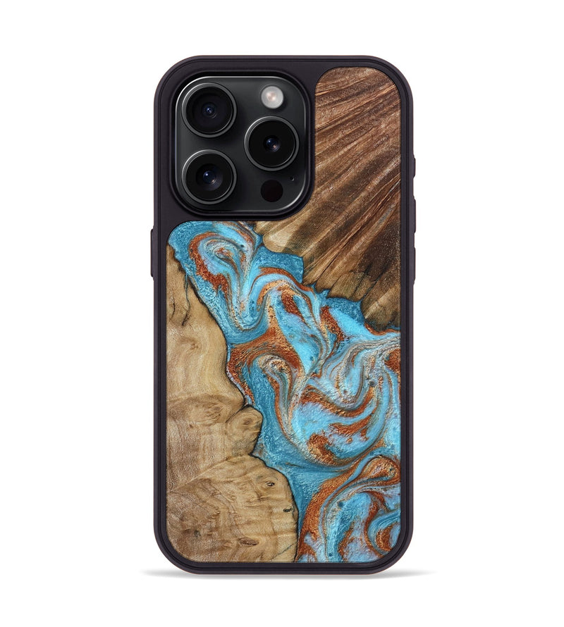 iPhone 15 Pro Wood Phone Case - Nori (Teal & Gold, 800686)