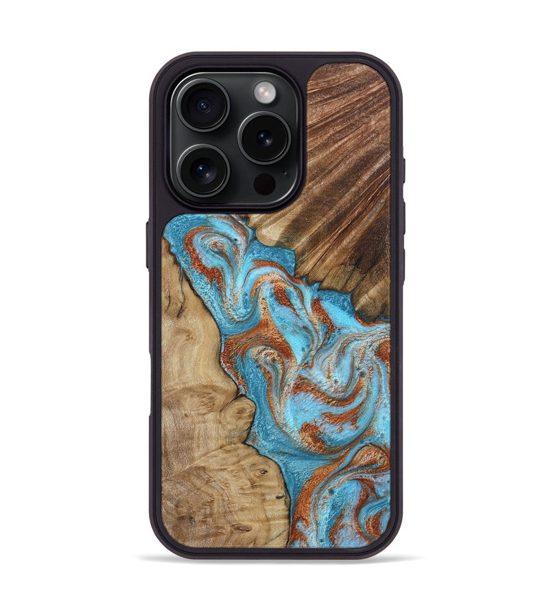 iPhone 16 Pro Wood Phone Case - Nori (Teal & Gold, 800686)