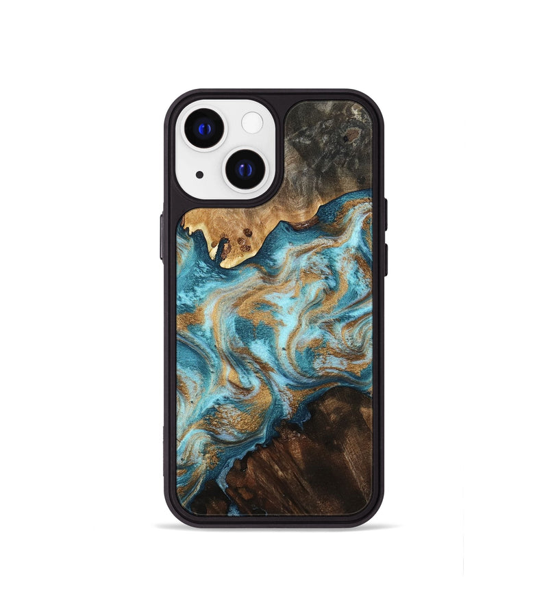 iPhone 13 mini Wood Phone Case - Dominic (Teal & Gold, 800692)