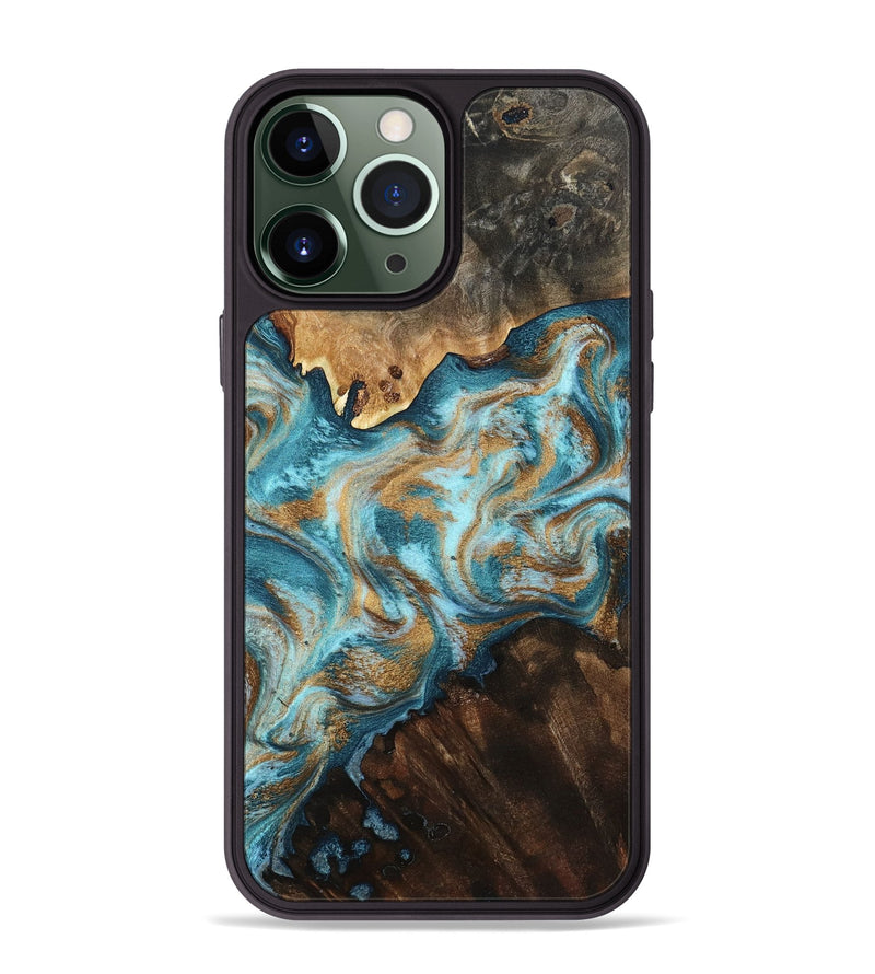 iPhone 13 Pro Max Wood Phone Case - Dominic (Teal & Gold, 800692)