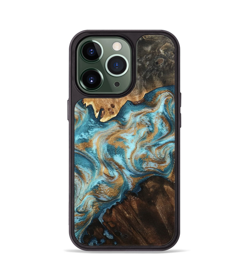 iPhone 13 Pro Wood Phone Case - Dominic (Teal & Gold, 800692)