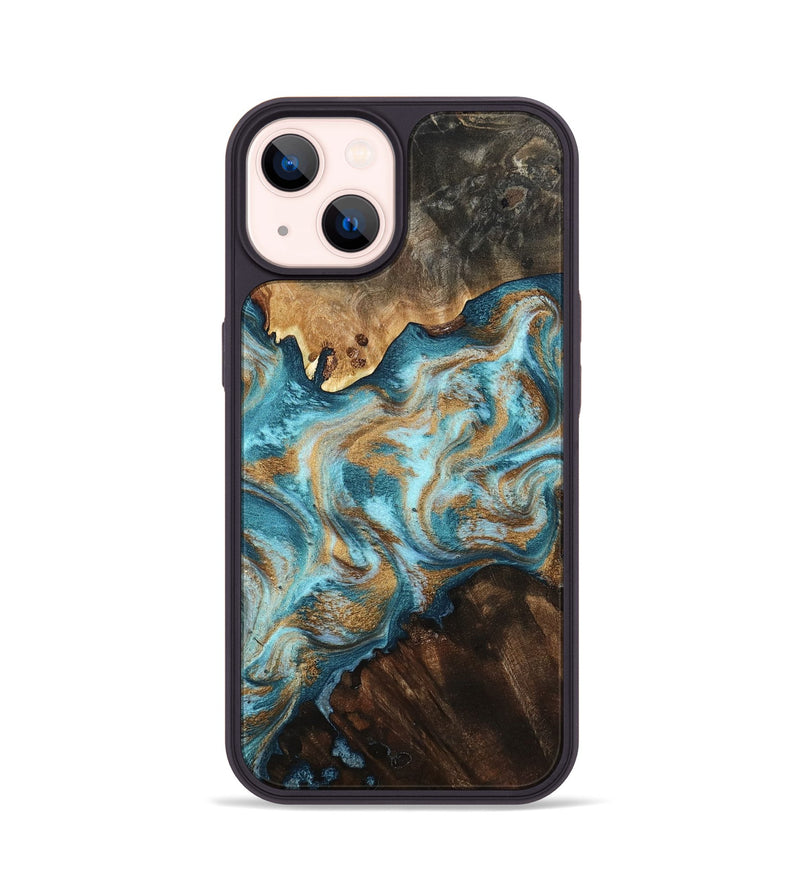 iPhone 14 Wood Phone Case - Dominic (Teal & Gold, 800692)