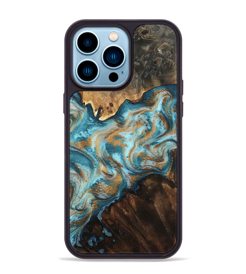 iPhone 14 Pro Max Wood Phone Case - Dominic (Teal & Gold, 800692)