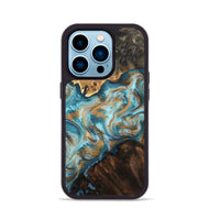 iPhone 14 Pro Wood Phone Case - Dominic (Teal & Gold, 800692)