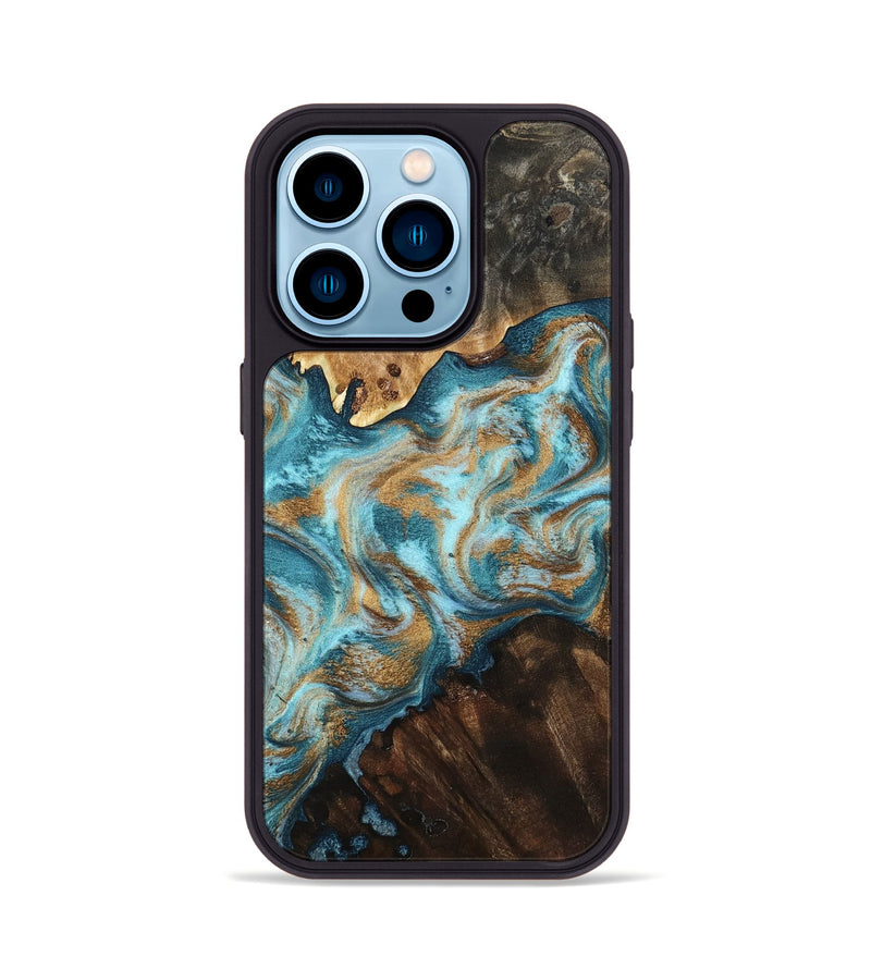 iPhone 14 Pro Wood Phone Case - Dominic (Teal & Gold, 800692)