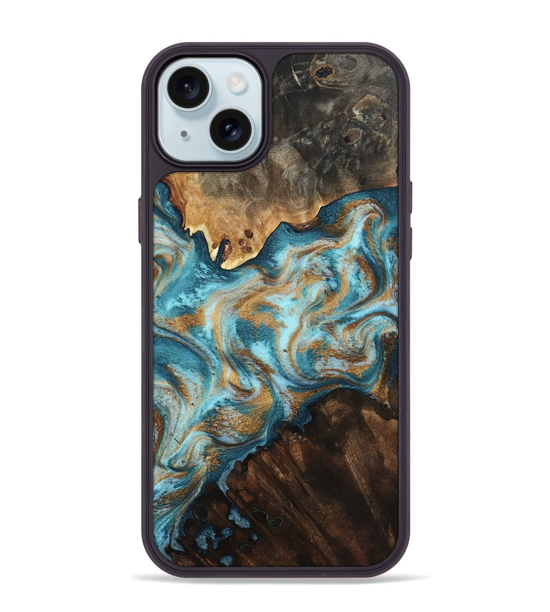 iPhone 15 Plus Wood Phone Case - Dominic (Teal & Gold, 800692)