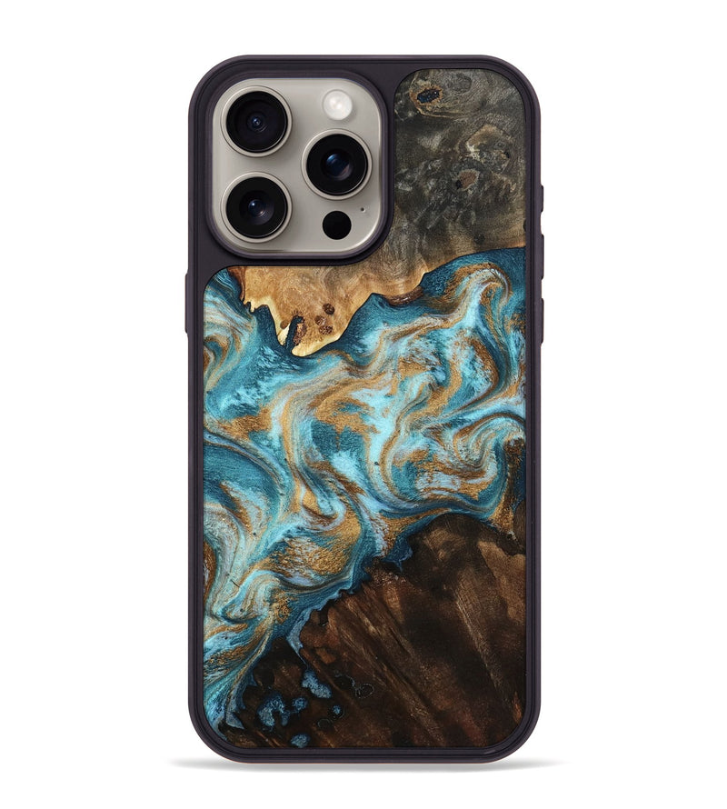 iPhone 15 Pro Max Wood Phone Case - Dominic (Teal & Gold, 800692)