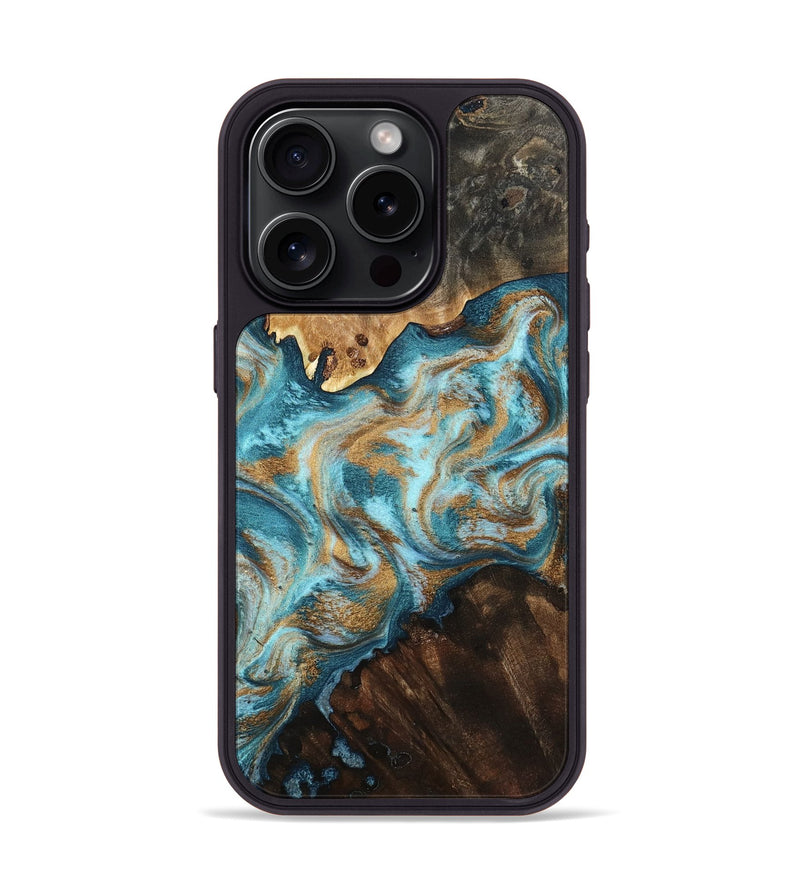 iPhone 15 Pro Wood Phone Case - Dominic (Teal & Gold, 800692)