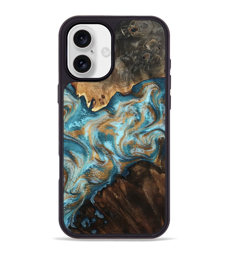 iPhone 16 Plus Wood Phone Case - Dominic (Teal & Gold, 800692)