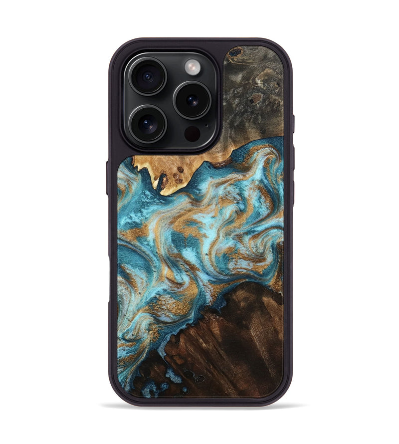 iPhone 16 Pro Wood Phone Case - Dominic (Teal & Gold, 800692)
