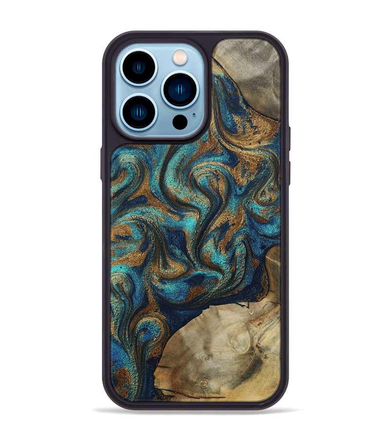 iPhone 14 Pro Max Wood Phone Case - Rodolfo (Teal & Gold, 800693)