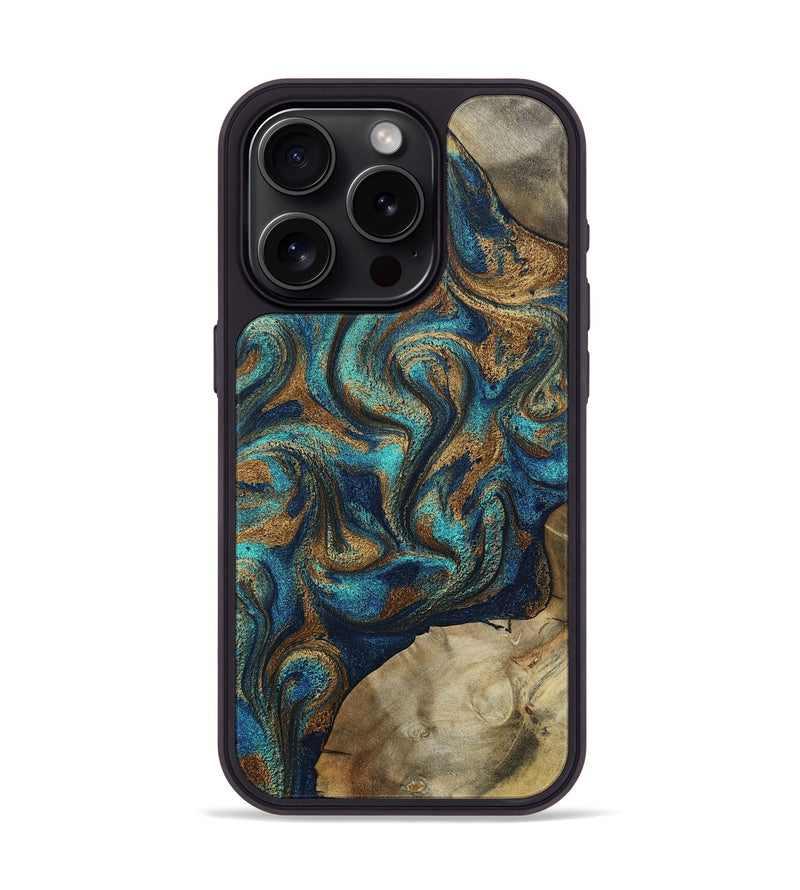 iPhone 15 Pro Wood Phone Case - Rodolfo (Teal & Gold, 800693)