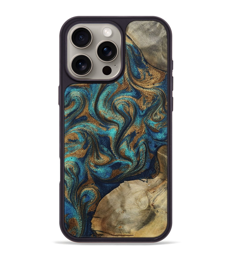 iPhone 16 Pro Max Wood Phone Case - Rodolfo (Teal & Gold, 800693)