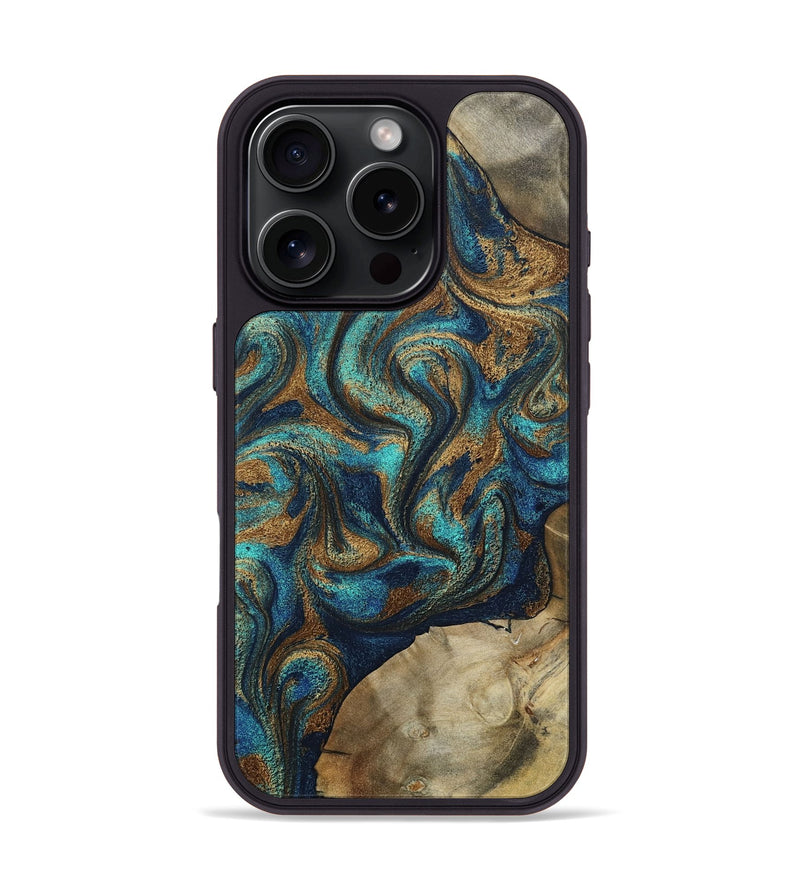 iPhone 16 Pro Wood Phone Case - Rodolfo (Teal & Gold, 800693)