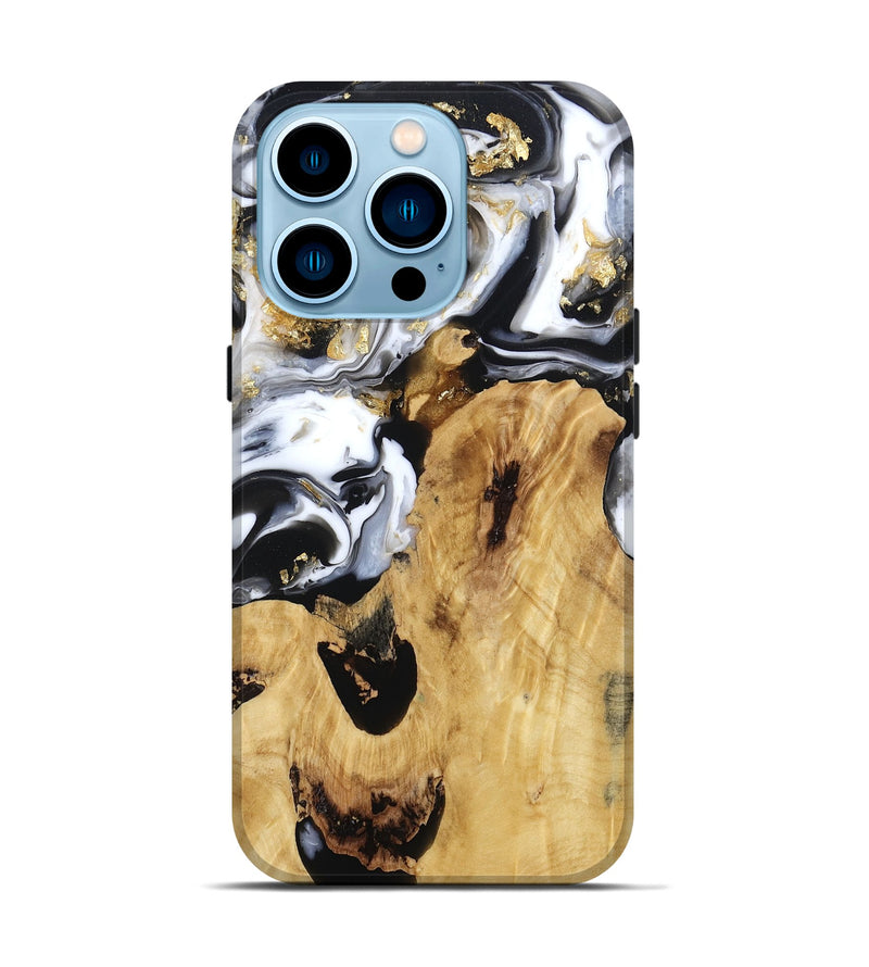 iPhone 14 Pro Wood Live Edge Phone Case - Alvina (Black & White, 800706)