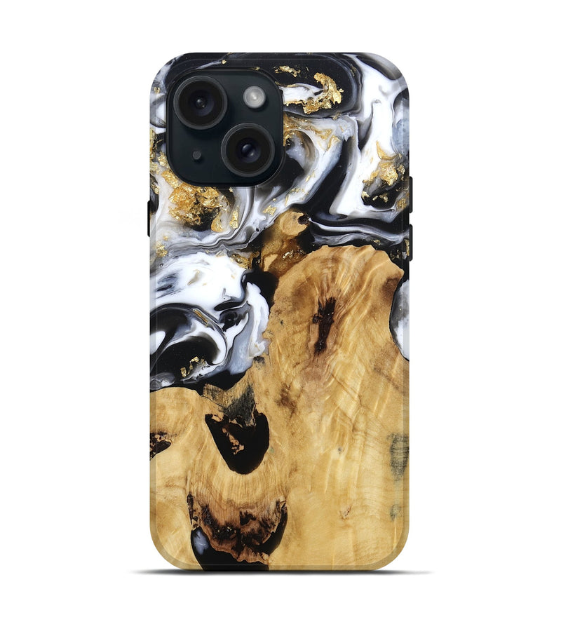 iPhone 15 Wood Live Edge Phone Case - Alvina (Black & White, 800706)