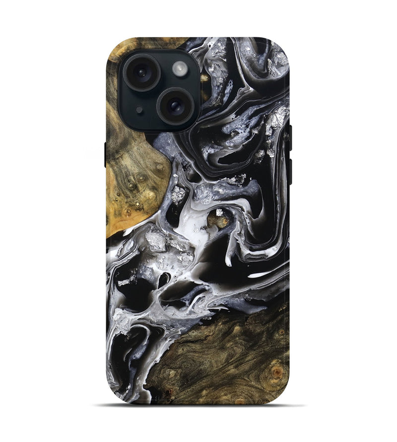 iPhone 15 Wood Live Edge Phone Case - Jewel (Black & White, 800720)