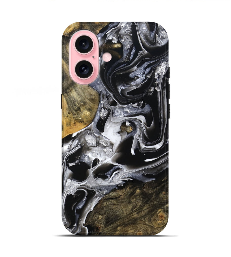 iPhone 16 Wood Live Edge Phone Case - Jewel (Black & White, 800720)