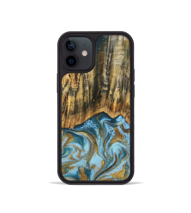 iPhone 12 mini Wood Phone Case - Declan (Teal & Gold, 800761)