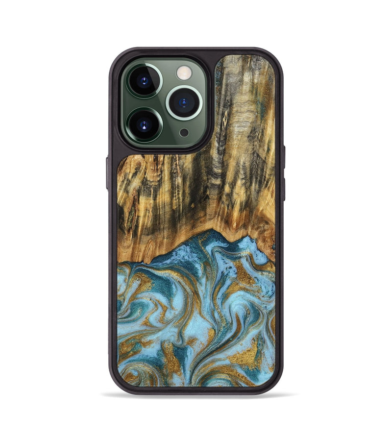 iPhone 13 Pro Wood Phone Case - Declan (Teal & Gold, 800761)