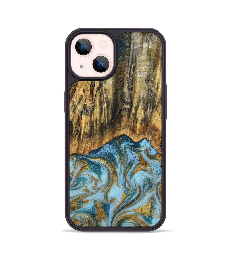 iPhone 14 Wood Phone Case - Declan (Teal & Gold, 800761)