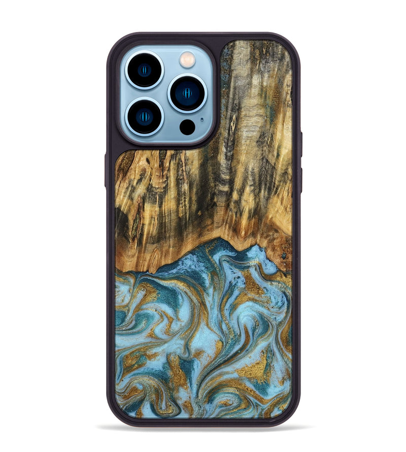 iPhone 14 Pro Max Wood Phone Case - Declan (Teal & Gold, 800761)