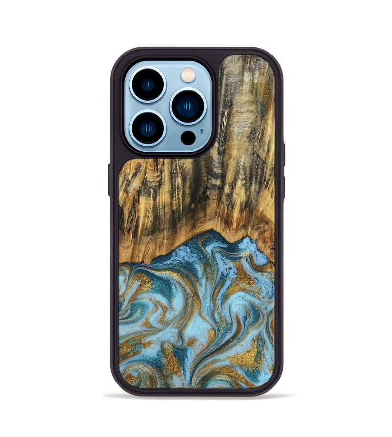 iPhone 14 Pro Wood Phone Case - Declan (Teal & Gold, 800761)