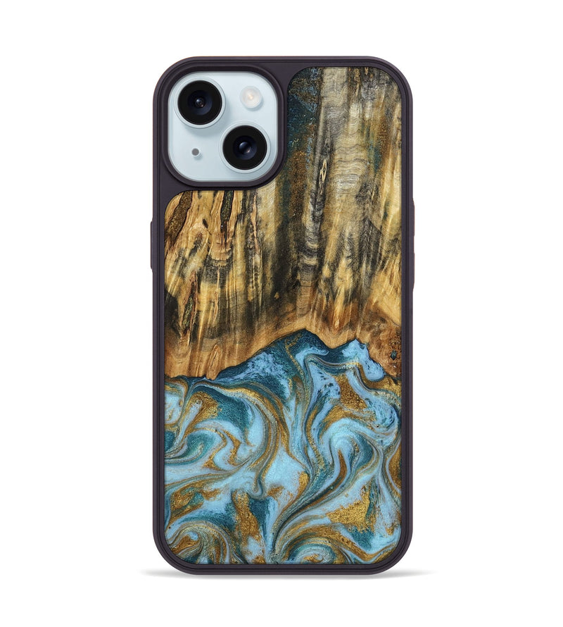 iPhone 15 Wood Phone Case - Declan (Teal & Gold, 800761)