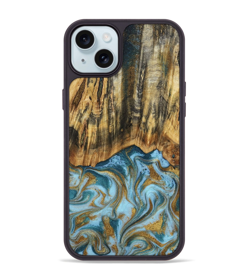 iPhone 15 Plus Wood Phone Case - Declan (Teal & Gold, 800761)