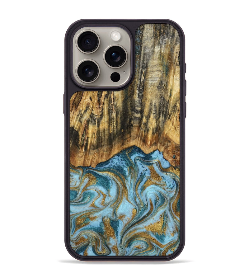 iPhone 15 Pro Max Wood Phone Case - Declan (Teal & Gold, 800761)